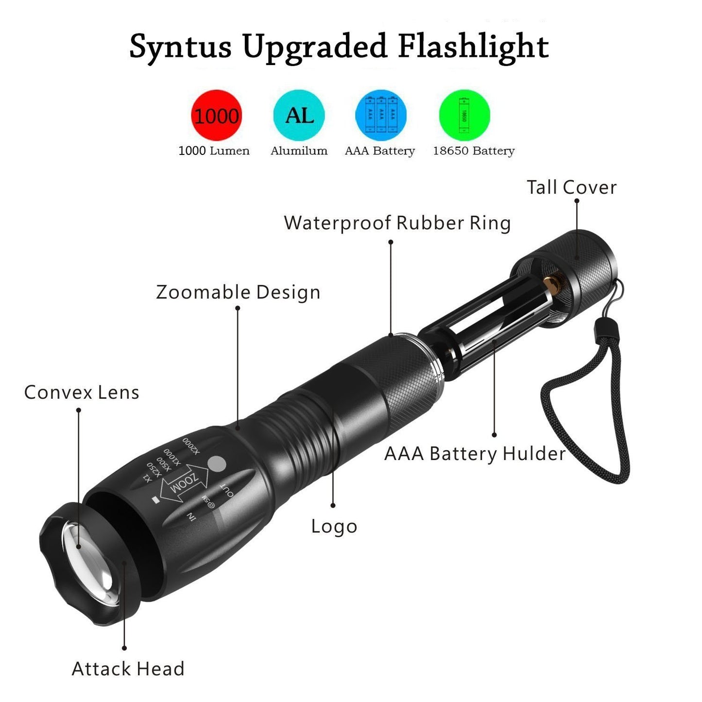 Portable Mini Flashlight LED ZOOM Torch Hunting Zoomable Flashlight Torch Light